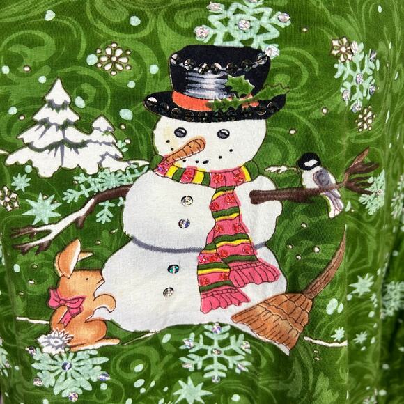 Collections Etc. Holiday Shirt Women Size XL Green Snowman Sequin Snowflake Top - Picture 6 of 12